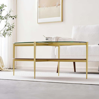 LumFurn Oval Glass Coffee Table, Mid-Century Modern Design, L43 x W22 x H17 inch, 2-Tier Structure, Olive Shaped Clear Glass Top and Walnut Finish Wood Shelf, Tapered Legs with Gold Finish Frame
