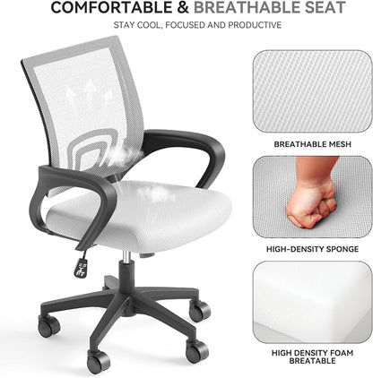 Office Chair, Ergonomic Mid-Back Mesh Desk Chair, White | Lumbar Support, Adjustable Height, Rolling Wheels, Comfy Armrest, For Work, Study, Gaming