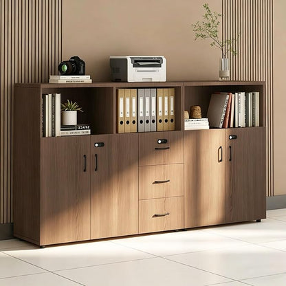 File Cabinet with Password Lock, Wood Lateral Filing Cabinet for Letter/A4 Files, 3 Drawer with Door, Printer Stand with Open Shelves for Home Office