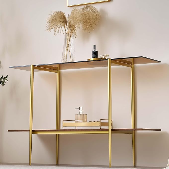 LumFurn Extra Large Glass Console Table for Living Room, Foyer & Entrance, L47 x W16 x H31, Mid-Century Modern Sofa Table with Amber Glass Top, Walnut Finish Wood Top and Gold Finish Metal Frame