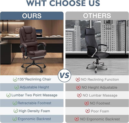 HOFFREE Massage Office Chair with Foot Rest 7 Points Vibration Ergonomic Executive Desk Chair Leather Computer Office Chair Brown