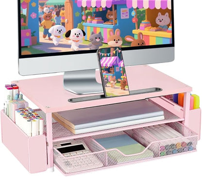 AUPSEN Pink Desk Organizers and Accessories, 2-Tier Wood Computer Monitor Stand with Drawer, Pen Storage & Phone Holder, Office Desk Accessories, Workspace Desktop Organization for Office Supplies