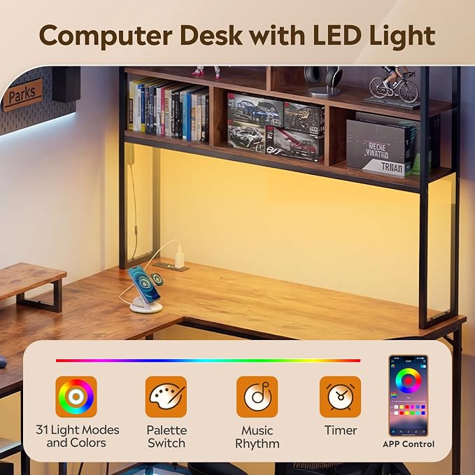 DEVAISE 66 Inch L Shaped Gaming Desk with Drawers and Storage, Corner Desk with LED Lights, Power Outlets, Computer Desk with Monitor Stand, Office Desk for Home, with Hutch, Rustic Brown