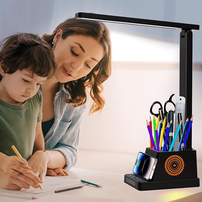 cozoo LED Desk Lamp for Home Office, Desk Light with 15W Wireless Charger Pen Holder, 12 Lighting Modes Desk Lamp for Bedroom, Small Table Lamp for College Dorm, Study, Craft, Nail, Matte Black