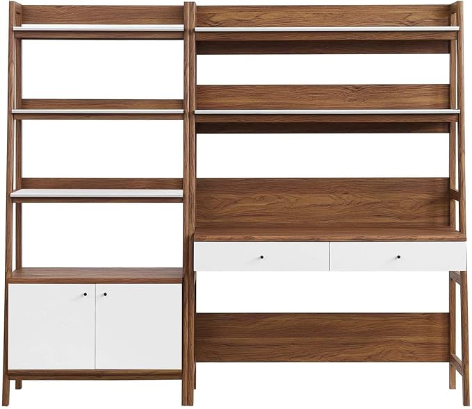 Modway 2-Piece Home Office Desk and Bookshelf Display Case in Walnut White