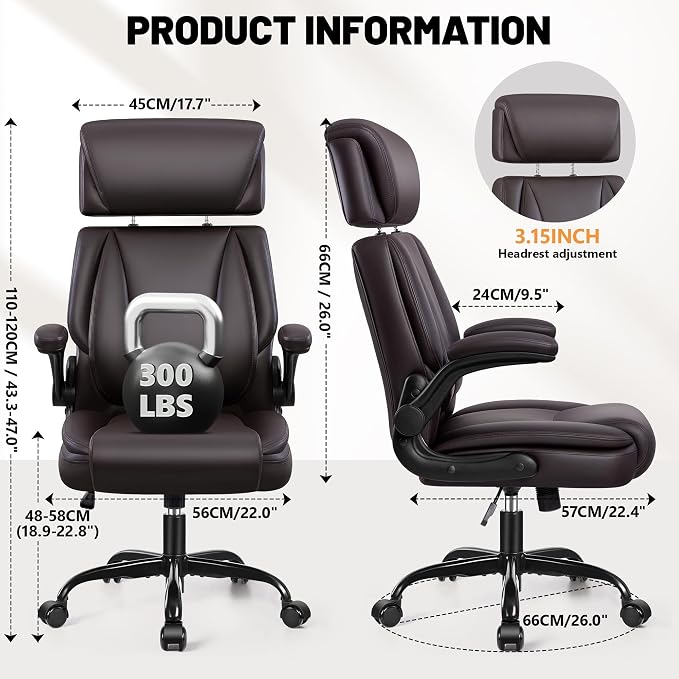 BestGlory Ergonomic Office Chair, PU Leather Executive Desk Chair with Adjustable Headrest, Flip-Up Arms and Lumbar Support, High Back Computer Chair for Home Office, Remote Work, Gaming, Coffee
