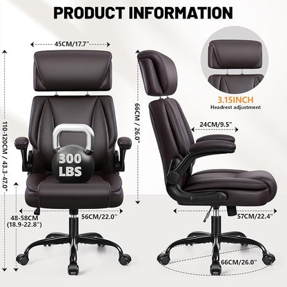 BestGlory Ergonomic Office Chair, PU Leather Executive Desk Chair with Adjustable Headrest, Flip-Up Arms and Lumbar Support, High Back Computer Chair for Home Office, Remote Work, Gaming, Coffee