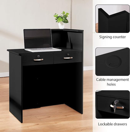 Small Reception Desk with Counter,Front Desk with Two Lockable Drawers,Cable Management Holes,Counter Table for Salon Lobby Office Home (Black, 17.7" D x 30.7" W x 39.3" H)