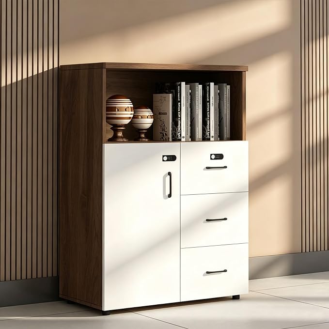 File Cabinet with Password Lock, Wood Lateral Filing Cabinet for Letter/A4 Files, 3 Drawer with Door, Printer Stand with Open Shelves for Home Office