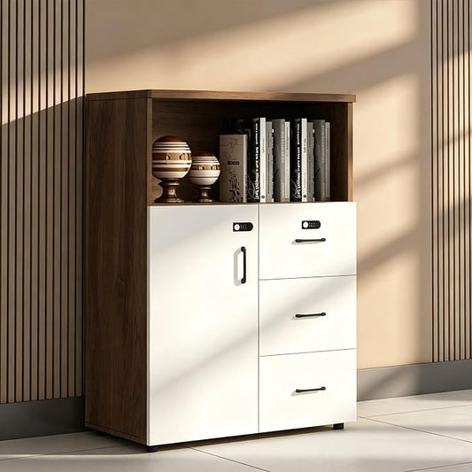 File Cabinet with Password Lock, Wood Lateral Filing Cabinet for Letter/A4 Files, 3 Drawer with Door, Printer Stand with Open Shelves for Home Office