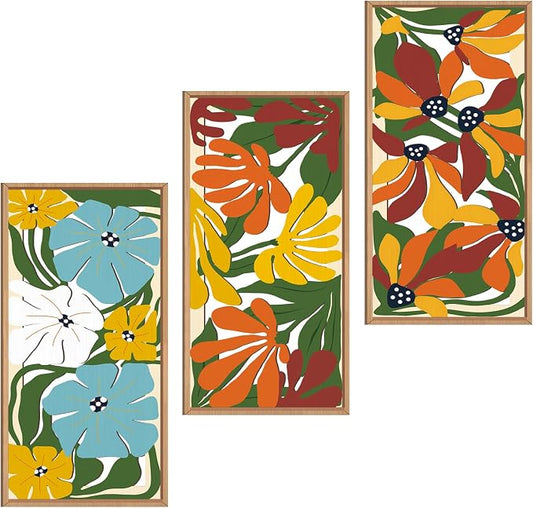 IARTTOP Boho Floral Wood Wall Art Framed 8x16 Inch Set of 3 Minimalist Botanical Plant Wooden Wall Decor Colorful Mid-century Modern Flower Artwork for Living room Bedroom Office