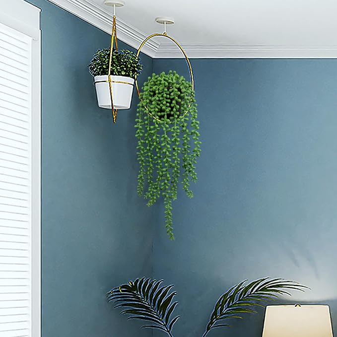 LOYWREE 2 Pack Lifelike Artificial String of Pearls Plant - Faux Hanging Succulent with Black Pot, Realistic Trailing Fake Plant for Indoor Outdoor Shelf Desk Window Sill Home Garden Office Decor