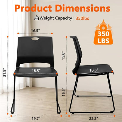 KLASIKA Stackable Guest Reception Chairs, Stacking Office Chair with Ergonomic Lumbar Support & Metal Legs, Plastic Desk Chairs for Conference School Church Waiting Meeting Break Room Set of 12, Black