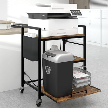 Sedegn Large Printer Stand with Wheels: Lockable Rolling Printer Cart | 24 x 18 Inch Top Fits Laser Printers Shredders and PC Towers 3-Outlet Power Strip and Storage Bag for Home Office (Brown)
