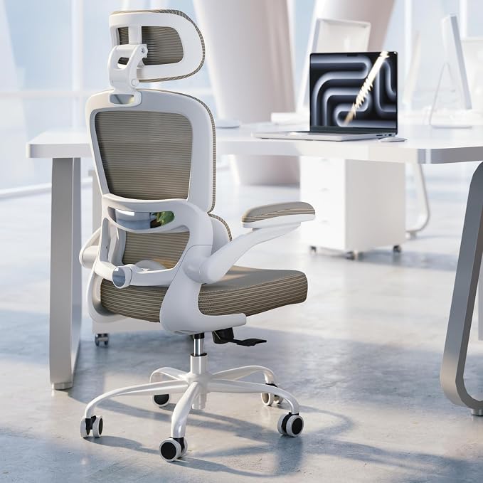 TRALT Ergonomic Office Chair - Desk Chair with Adjustable Headrest Lumbar Support Computer Chair - Mesh Comfy Chair with Flip-up Armrests - Gaming Chairs for Adults Home Office (PU Leather,Khaki)