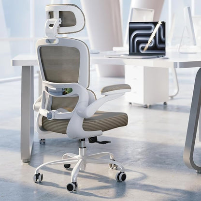 TRALT Ergonomic Office Chair - Desk Chair with Adjustable Headrest Lumbar Support Computer Chair - Mesh Comfy Chair with Flip-up Armrests - Gaming Chairs for Adults Home Office (PU Leather,Khaki)