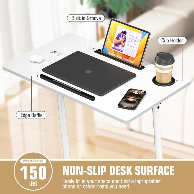Eocnrhe Treadmill Desk, Mobile Small Standing Desk with Wheels for Walking Pad, Portable Table for Laptop, Rolling Table Adjustable Height, Bedside Table，White