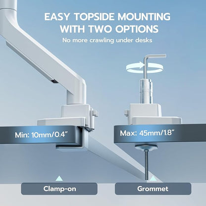 ARES WING Ultrawide Monitor Arm, Heavy Duty Single Monitor Mount for 13"-49" Curved Screens, Adjustable Stand for Desk with C-clamp & Grommet Base up to 40 LBS, White