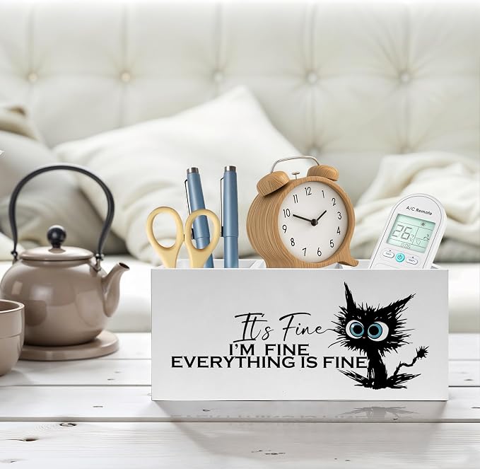 Funny Black Cat Pencil Pen Holder for Desk, I'm Fine Everything Is Fine Wooden Pencil Holder Organizer for Home Office Desk Accessories, Funny Office Gifts for Coworkers