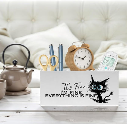 Funny Black Cat Pencil Pen Holder for Desk, I'm Fine Everything Is Fine Wooden Pencil Holder Organizer for Home Office Desk Accessories, Funny Office Gifts for Coworkers
