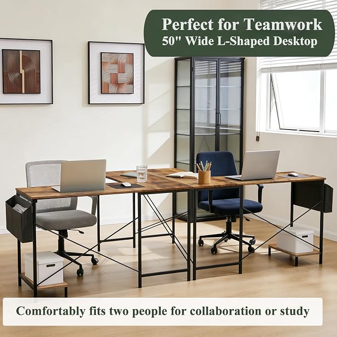 L-Shaped Corner Home Office Computer Desk, Gaming Desk with CPU Stand Shelf and Hanging Storage Pocket, Student Study Writing Table, Sturdy Metal Frame, 43.3" D x 50" W, Rustic Brown