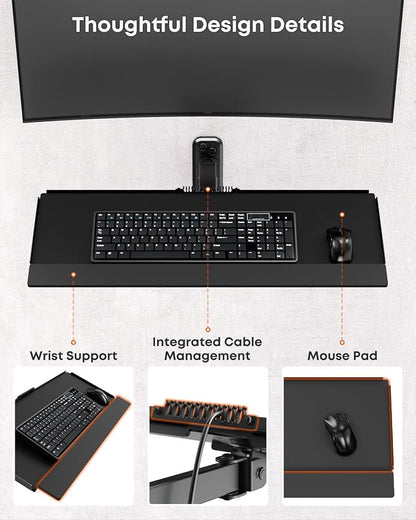 PUTORSEN Compact Wall Mount Keyboard Tray, Sit Stand 26 Inch Keyboard and Mouse Wall Mount with Spring Arm, Height Adjustable Ergonomic Typing Platform with Anti-Slip & Wrist Pad, Holds up to 19.8 lbs