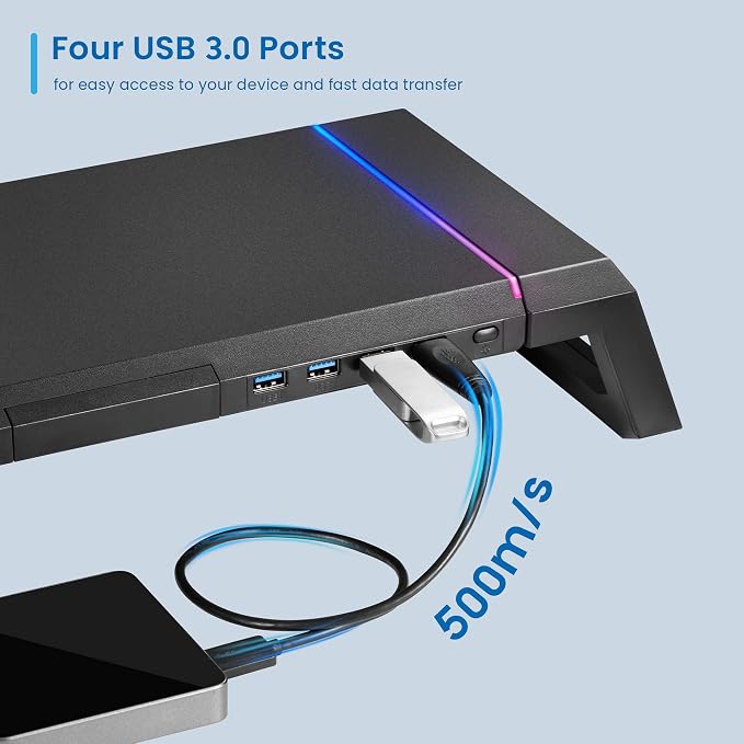Ewent RGB Monitor Stand, Adjustable Screen Stand, Foldable with Storage Drawer, Smartphone and Tablet Holder + 4 USB 3.2Gen1 Ports, Monitor Riser for PC/Laptop/iMac, Black