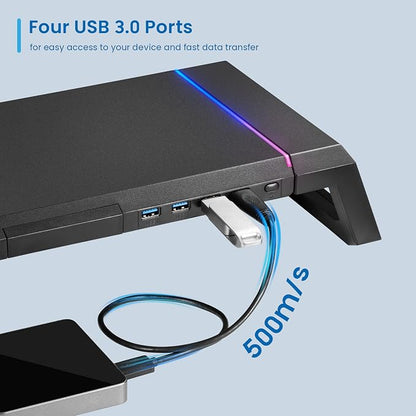 Ewent RGB Monitor Stand, Adjustable Screen Stand, Foldable with Storage Drawer, Smartphone and Tablet Holder + 4 USB 3.2Gen1 Ports, Monitor Riser for PC/Laptop/iMac, Black
