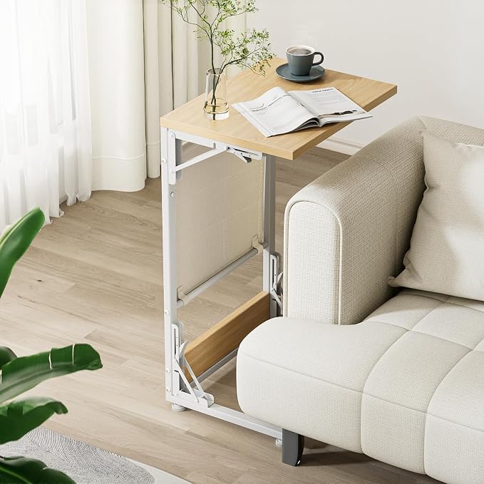 Folding TV Tray Table, 28.8" Tall C-Shaped Side Table for Couch and Bed, Slide Under Sofa Side Desk with Storage Bag - Sturdy Metal Frame Tray for Living Room, Bedroom, Home & Office (Light Walnut)