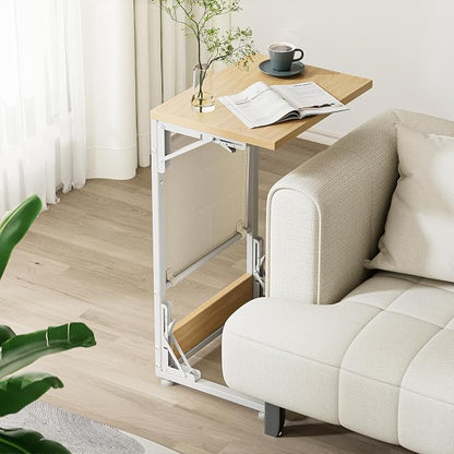 Folding TV Tray Table, 28.8" Tall C-Shaped Side Table for Couch and Bed, Slide Under Sofa Side Desk with Storage Bag - Sturdy Metal Frame Tray for Living Room, Bedroom, Home & Office (Light Walnut)