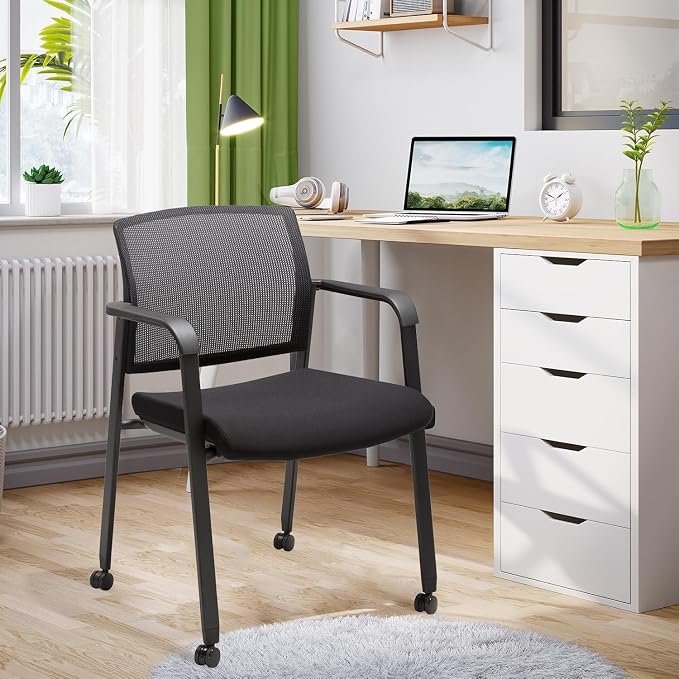 CLATINA 4PK Stacking Conference Room Chair with Wheels, Mesh Back and Ergonomic Lumbar Support for Meeting, Lobby, Reception, Training Room Home Office School Church Black