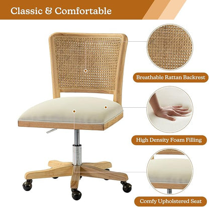 Modern Home Office Chair Comfortable Upholstered Armless Desk Chair, Adjustable Swivel Rolling Computer Chair with Rattan Mid-Back Support, Beige