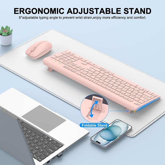 Wireless Keyboard and Mouse Combo, Full-Size Silent Ergonomic Keyboard and Optical Mouse, Long Battery Life, 2.4G Lag-Free Mice Keyboard for Computer, Mac, Laptop, PC, Windows(Pink)