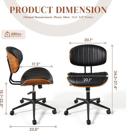 Home Office Desk Chair with Wheels, Adjustable Height Armless Desk Chairs, PU Leather Mid Back 360° Small Computer Chair for Study Meeting Makeup Room (Black Stripe)