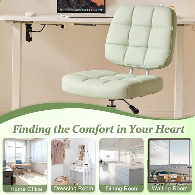 VINGLI Compact Small Desk Chair, Cute Armless Chair with Wheels, Vanity Chair with Low Back, Height Adjustable Task Chair for Small Spaces, Office, Bedroom, Make Up Room, PU Leather, Mint Green