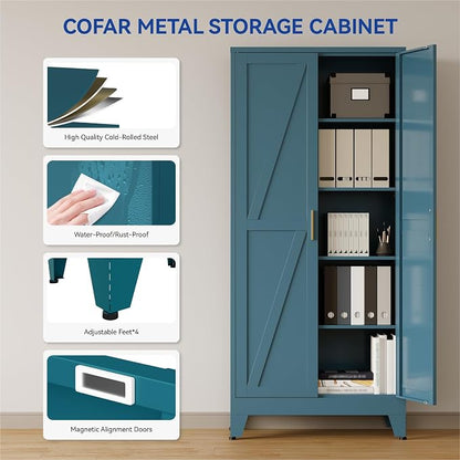 COFaR 71'' Tall Metal Storage Cabinet, Farmhouse Kitchen Pantry Cabinet with Doors and 4 Adjustable Shelves, Metal Pantry Storage Cabinets for Kitchen, Laundry, Peacock Blue 5-Tier
