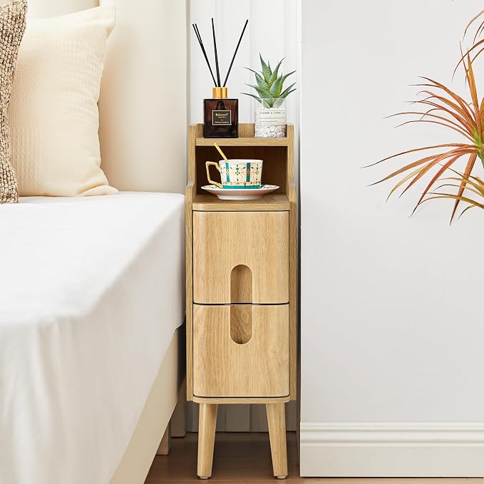 Narrow End Table Living Room, Wooden Small 2 Drawer Nightstand Bedroom, Thin Couch Side End Table, Vintage Skinny Bedside Table Small Spaces, Mid Century Modern Night Stand with Drawers (Natural-1 pc)