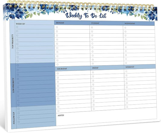 Taja Weekly To Do List Notepad with 52 Undated Sheets（8.5"×11"）- Weekly Desk Planner for Women & Man, Work and Home - 1 Pack Azure Bloom