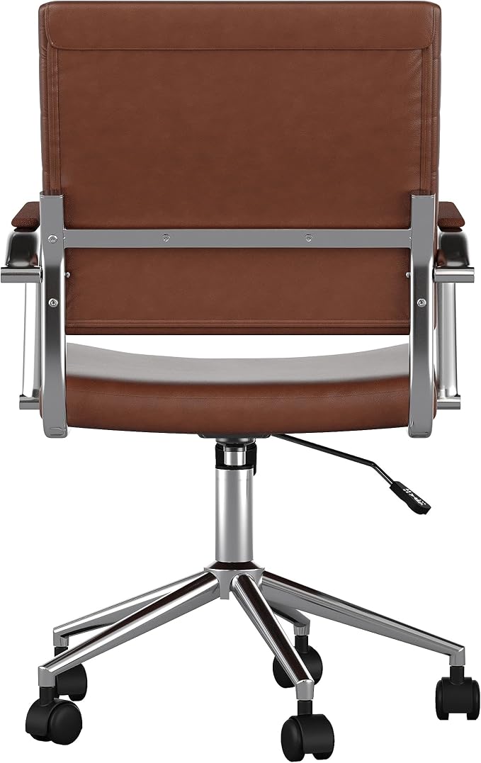Martha Stewart Piper Swivel Task Chair with Armrests for Home Office in Saddle Brown Faux Leather with Polished Nickel Frame