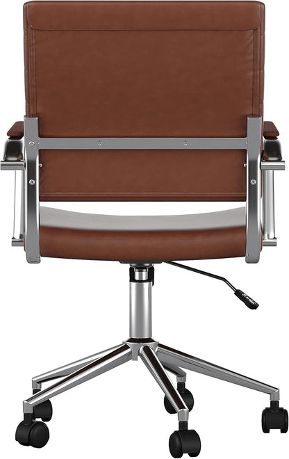Martha Stewart Piper Swivel Task Chair with Armrests for Home Office in Saddle Brown Faux Leather with Polished Nickel Frame