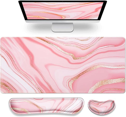Gimars 4 in 1 Mouse Pad and Keyboard Wrist Rest Set, Large Mouse Pad with Memory Foam Wrist Support Pad for Desk with Coaster, Easy Typing Pain Relief, Gaming Office Home, 31.5x12 inch, Pink Golden