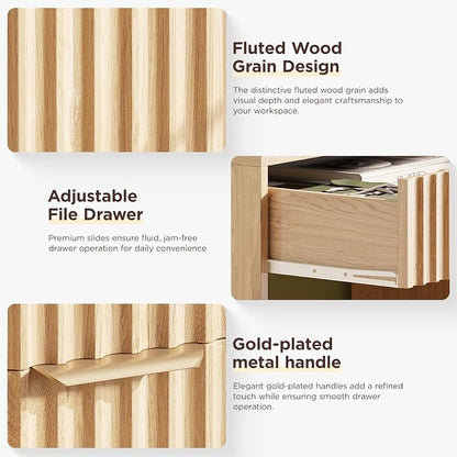 Vabches Fluted Computer Desk with Power Outlets, Home Office Desk with Drawers, Printer Stand, Wood Computer Desk with Long Monitor Stand, Oak