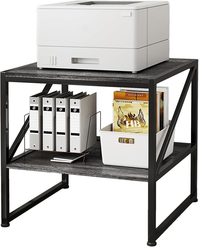 2-Tier Large Priner Stand with Storage Shelf, 20"×20" Under Desk Printer Table for Home Office, Mini Fridge Stand, End Table for Living Room, Heavy Duty Storage Rack for Scanner Fax Machine, Grey Oak