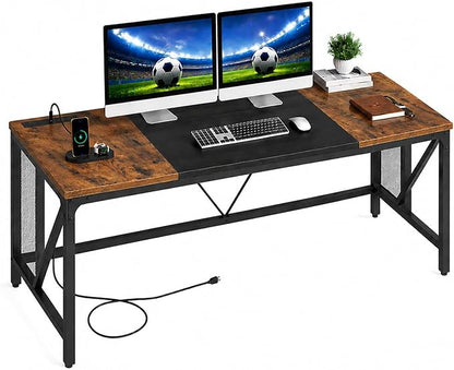 YATINEY 63" Computer Desk with Power Outlets, Gaming Desk, Large Office Executive Desk Workstation, Business Furniture for Home Office, Study, Rustic Brown and Black DN16UBR
