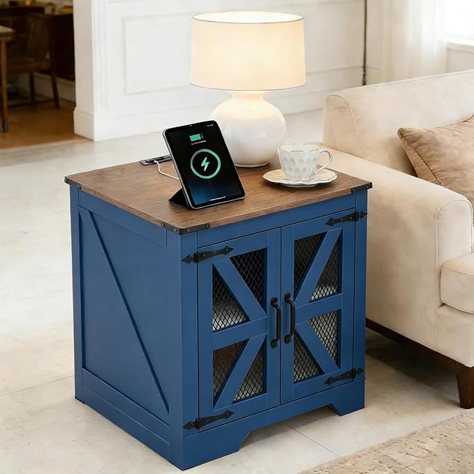 Farmhouse End Table Set with Charging Station Set of 2, Living Room Tables with Hidden Storage, Wood Square Sofa Bedside Tables, Night Stand with Power Outlet and Door, Blue