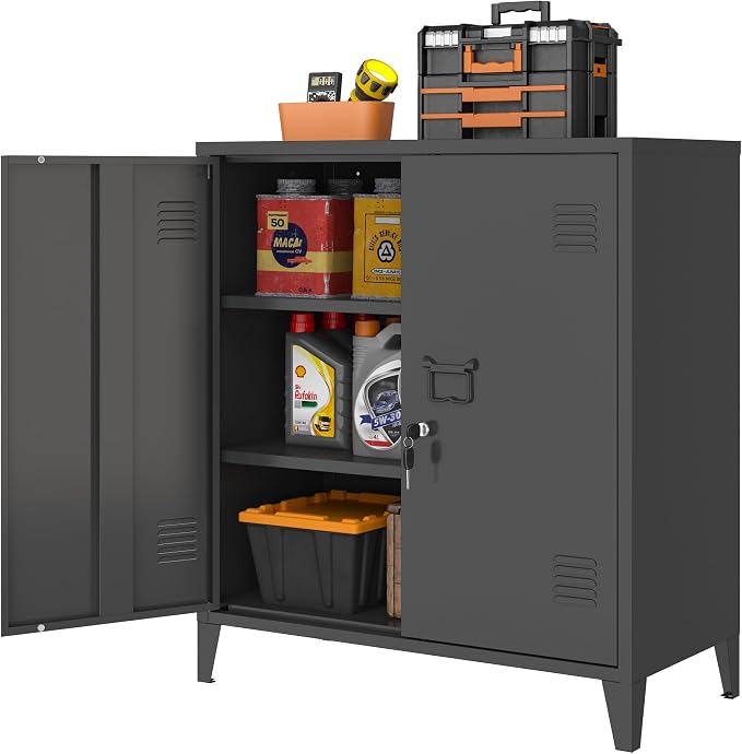 Metal Storage Cabinet 35.4”H Locking Storage Cabinet (Black) | With 2 Adjustable Shelves and Doors, Small Storage Cabinet for Home School Office Garage