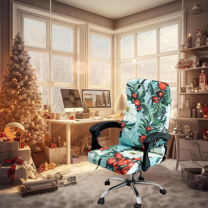Christmas Office Chair Cover Green,Printed Elk,pinecone,Xmas tree,Snowflake,Jingle bell Stretch Computer Chair Cover Universal Removable Washable Anti-Dust Chair Slipcover with Zipper (L,Christmas-10)