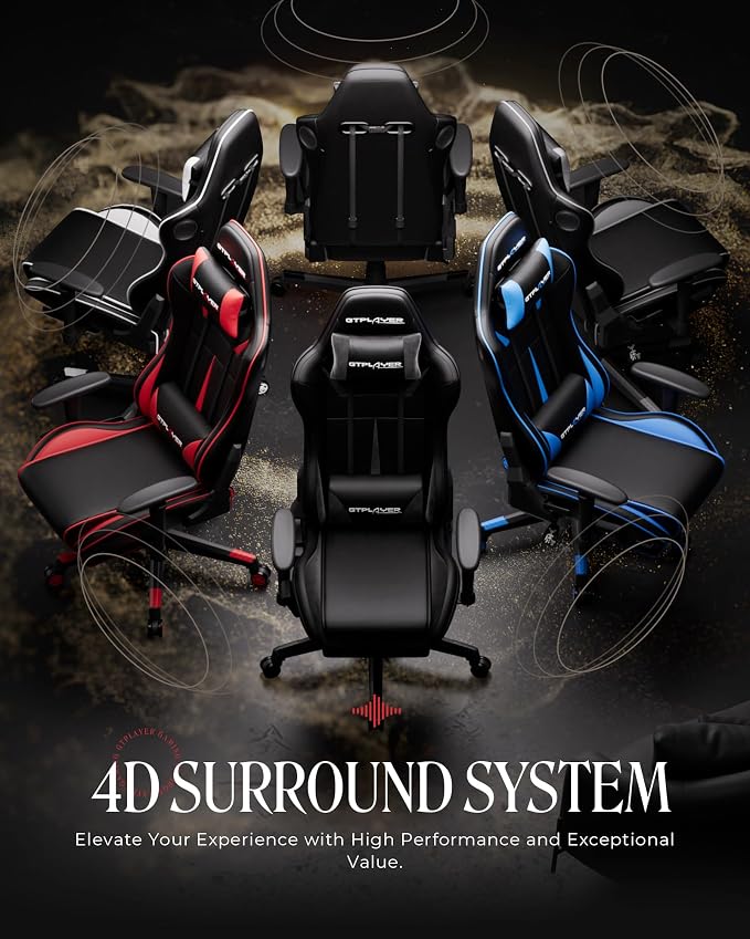 GTPLAYER Gaming Chair with Speakers, Video Game Chairs with Footrest, PC Game Chairs for Adults - Padded High Back Ergonomic Reclining Silla, Linkage Armrest, 909MF, Black-Red