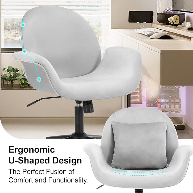 Velvet Desk Chair Modern Home Office Chair with Adjustable Height Swivel Rolling Executive Computer with Pillow Grey Armchair for Vanity, Bedroom,Small Space(Gray)