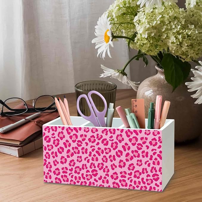 DILSJ Pink Cheetah Print Pen Pencil Holder Organizer for Desk, Cheetah Print Room Decor, Leopard Wooden Box Signs for Women Home Office Desk Tabletop Decoration